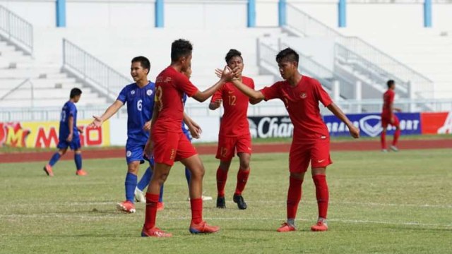 Selebrasi pemain timnas Indonesia U-15 usai mencetak gol ke gawang timnas Filipina U-15. Foto: Dok. Media PSSI