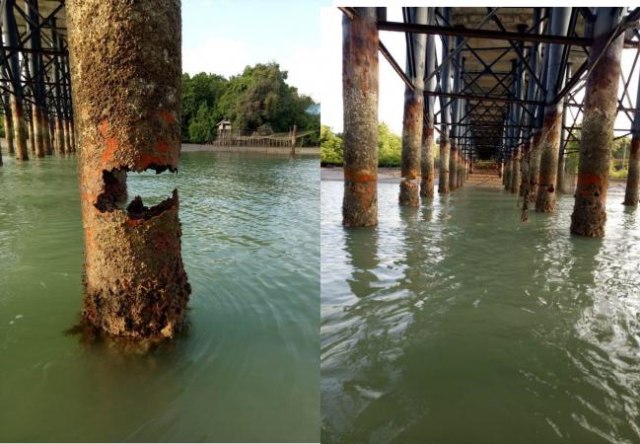 Kondisi tiang penyangga Jembatan Hang Lekir (Jembatan II Dompak). (Foto: Istimewa)