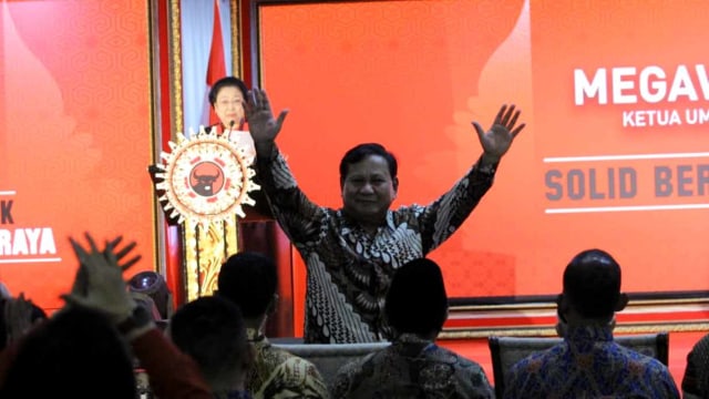 Prabowo Subianto saat hadiri Kongres V PDIP, di Bali, Kamis (8/8). Foto: Jamal Ramadhan/kumparan