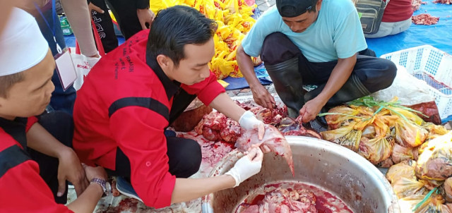 Tim Dinas Ketahanan Pangan, Pertanian, dan Perikanan Kota Banjarmasin saat mengecek daing kurban, Minggu 11 Agustus 2019. Foto: istimewa