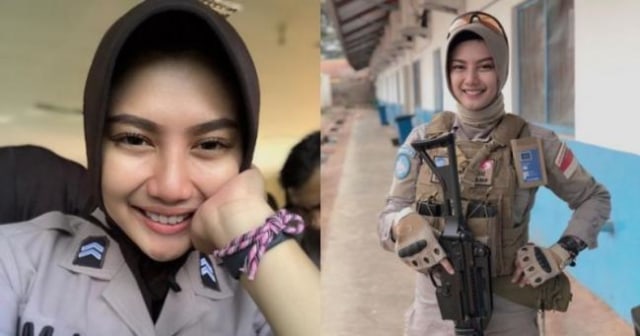 Penampilannya tetap memesona meski berseragam dan bawa senjata.