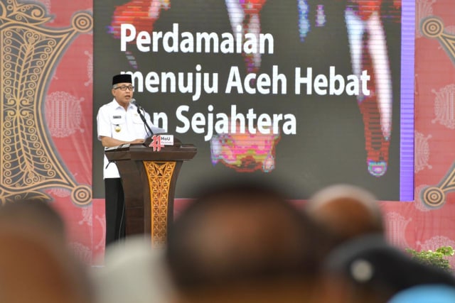 Plt Gubernur Aceh, Nova Iriansyah, pada peringatan 14 tahun damai Aceh, Kamis (15/8). Foto: Pangeran Piadah