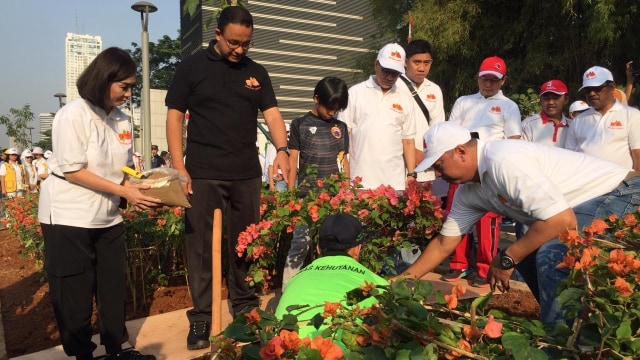 Gubernur DKI Jakarta, Anies Baswedan menanam bougenville di Jalan Sudirman. Foto: Ferry Fadhlurrahman/kumparan