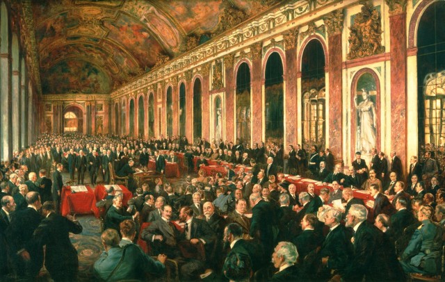 Lukisan minyak karya Joseph Finnemore yang menggambarkan suasana perundingan Perjanjian Versailles. Foto: Dok. Museum Nasional Australia