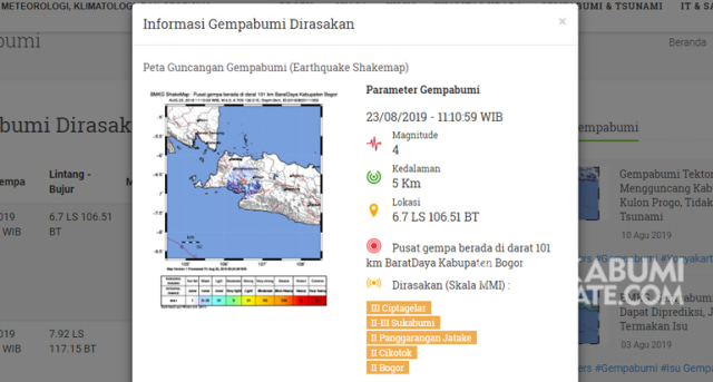 BMKG menunjukkan gempa pada Jumat (23/8/2019) pukul 11.10 WIB berkekuatan 4.0 magnitudo. Pusat gempa bumi terletak pada koordinat 6.7 LS - 106.51 BT, tepatnya berada di darat pada jarak 101 km barat daya Kabupaten Bogor.  | Sumber Foto:Istimewa.