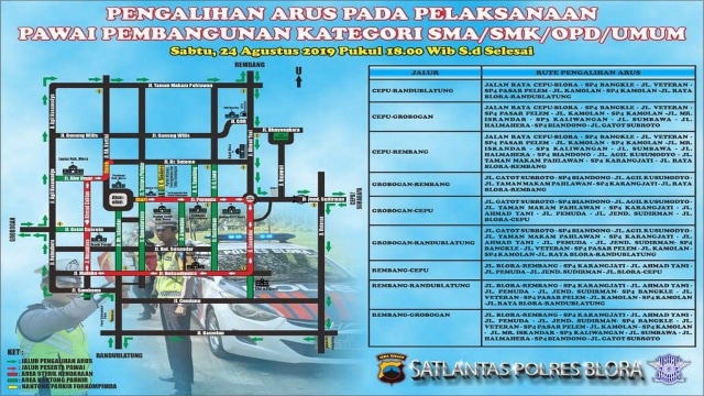 Rute rekayasa aur lalu lintas, saat karnaval atau pawai budaya dan pembangunan tingkat Kabupaten Blora, Sabtu (24/08/2019).