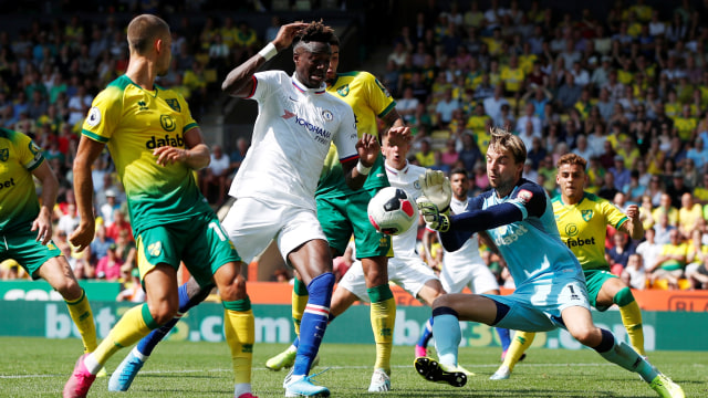 Tammy Abraham di laga Chelsea vs Norwich City pada 24 Agustus 2019. Foto: Reuters/John Sibley