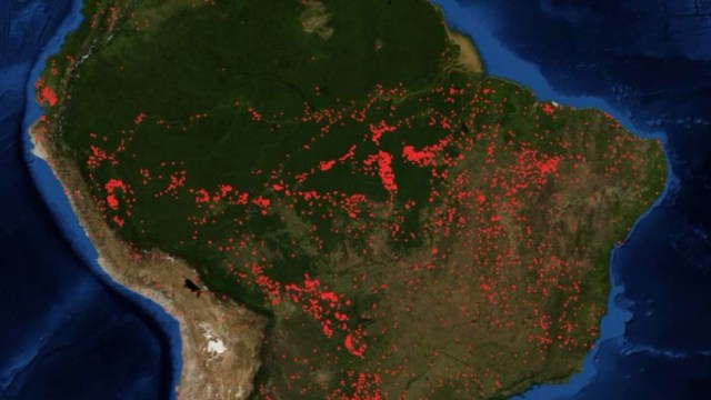 Setiap titik merah pada gambar mewakili api yang membakar wilayah Amazon. Foto: National Aeronautics and Space Administration, NASA