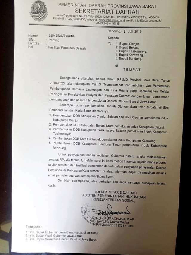 Surat dari Pemprov Jawa Barat soal pemekaran wilayah Bekasi, Cianjur, dan Karawang. Foto: Dok. Istimewa