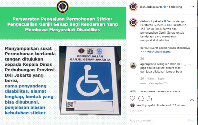 Stiker khusus disabilitas untuk pengecualian ganjil genap. Foto: Istimewa