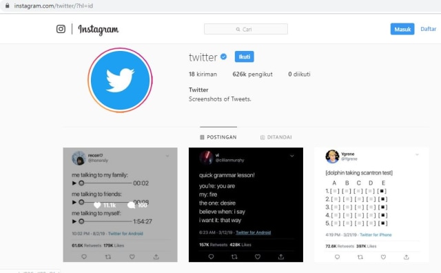Akun Twitter di Instagram.