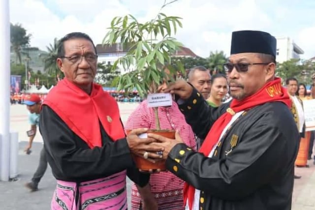 Gubernur Maluku, Murad Ismail menyerahkan bantuan bibit pohon dari BNPB kepada salah satu warga Ambon, Jumat (7/9) (Foto: ambonnesia)