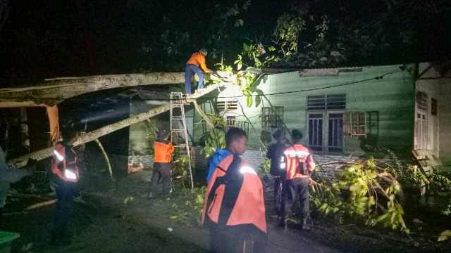 Petugas gabungan saat membersihkan pohon yang menimpa rumah warga. Foto: Dok. Istimewa