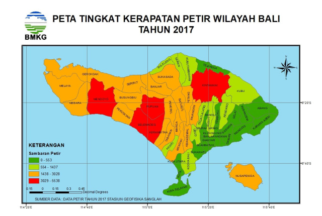 Peta kerawanan petir yang dibuat BMKG Wilayah III Denpasar (kanalbali/KAAAD)