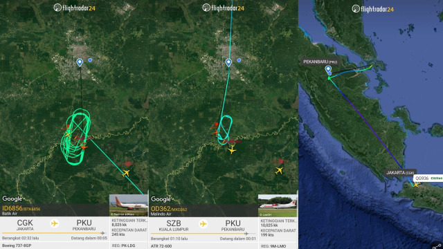 Rute pesawat Batik Air dari Jakarta dan Malindo Air dari Kuala Lumpur terpaksa berputar-putar di udara, Jumat, (13/9). Sedangkan Citilink terpaksa dialihkan ke Batam. Jarak pandang di Pekanbaru tinggal 200 meter.