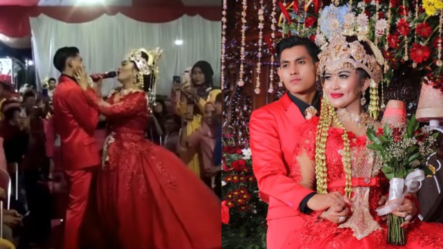 Pasangan pengantin jebolan ajang pencarian bakat yang bernyanyi di pernikahannya sendiri jadi viral di media sosial. Foto: YouTube/DONA LEONE dan Instagram/@donaladyrocker