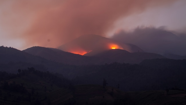 Kebakaran hutan Taman Nasional Gunung Merbabu hingga saat ini masih belum dapat dipadamkan. Foto: ANTARA FOTO/Mohammad Ayudha