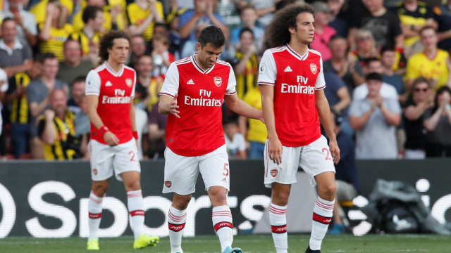 Ekspresi para pemain Arsenal usai gawang mereka kebobolan oleh Watford Foto: DAVID KLEIN