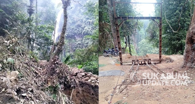 Curug Kembar yang berada di kawasan zona konservasi TNGGP di Kadudampit Sukabumi dan pembangunan jembatan gantung kedua menuju lokasi tersebut. | Sumber Foto:Facebook Irwan Kurniawan.