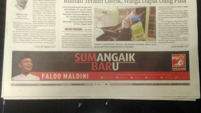 Foto Faldo Maldini di flyer PSI dalam koran lokal Sumbar. Foto: Dok. Istimewa