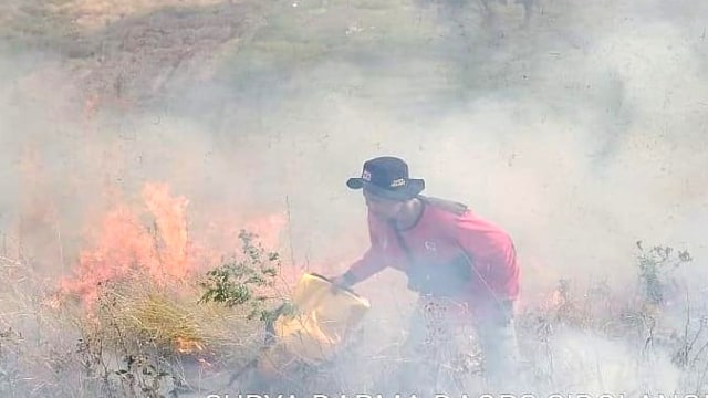 Tim Patdu Manggala Agni saat berusaha memadamkan api di kawasan hutan tepi Danau Toba. Foto: Dok. Manggala Agni Daops Sibolangit