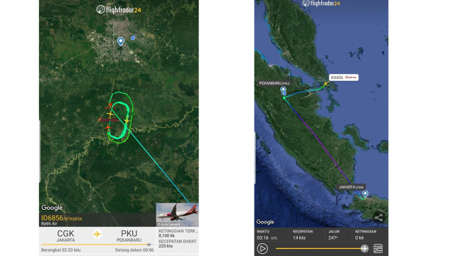 Batik Air berputar-putar selama tiga jam lebih (kiri) sebelum akhirnya mengalihkan pendaratan dari Bandara Sultan Syarif Kasim (SSK) II, Pekanbaru ke Bandara Hang Nadim, Batam, Kepri, Minggu, 22 September 2019. 