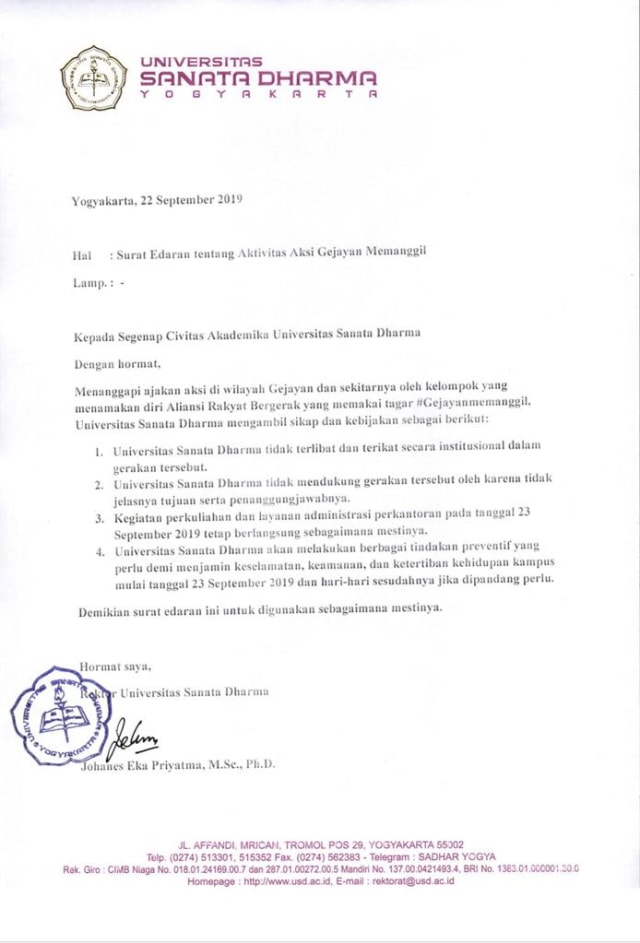 Surat edaran Universitas Sanata Dharma, larangan mahasiswa ikut aksi di Gejayan