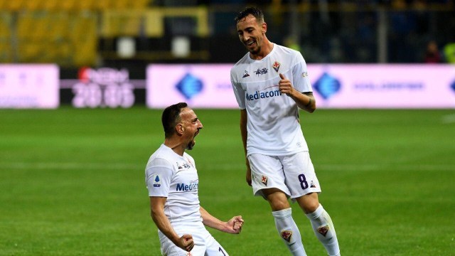 Franck Ribery merayakan gol perdananya untuk Fiorentina. Foto: ACF Fiorentina
