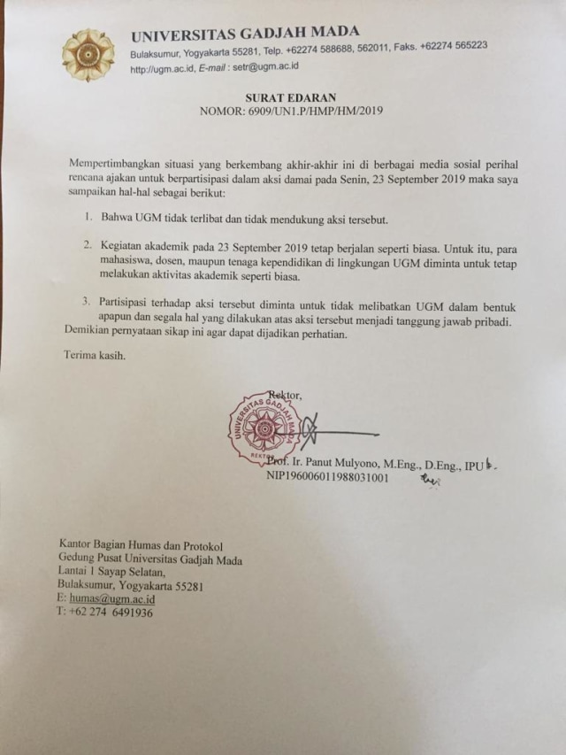 Surat edaran dari Universitas Gadjah Mada. Foto: Istimewa