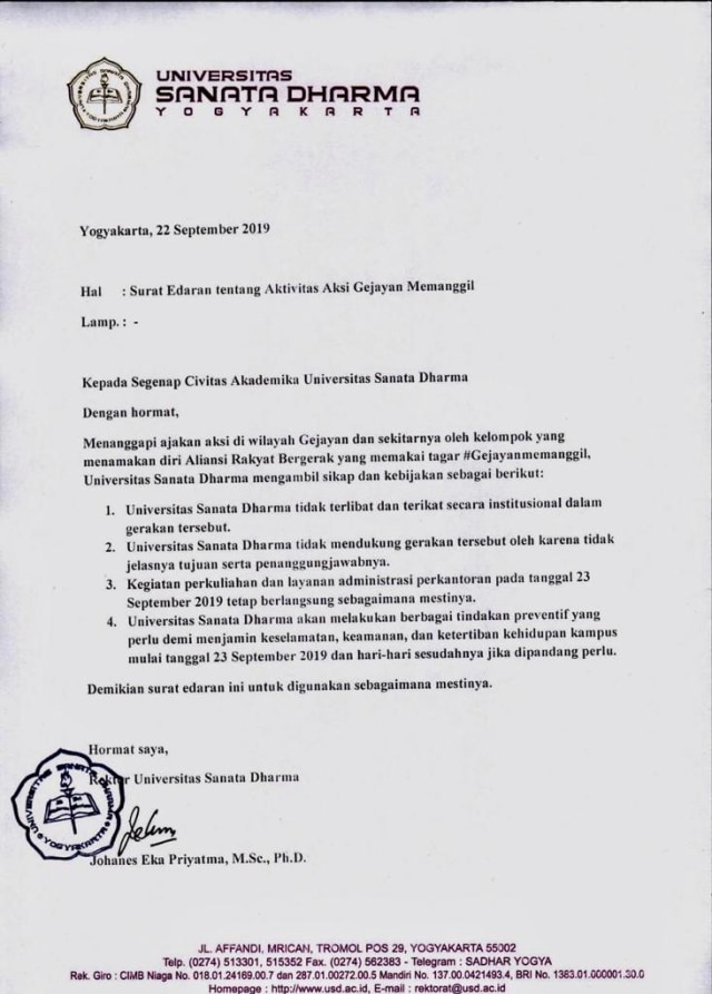 Surat edaran dari Universitas Sanata Dharma. Foto: Istimewa.