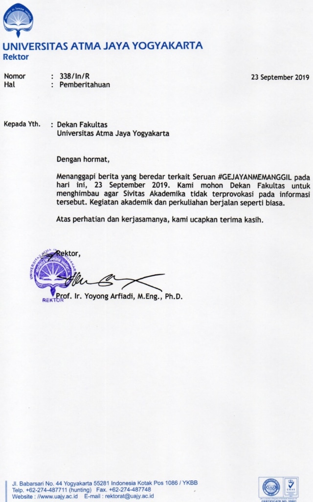 Surat edaran dari Universitas Atma Jaya Yogyakarta. Foto: Istimewa. 