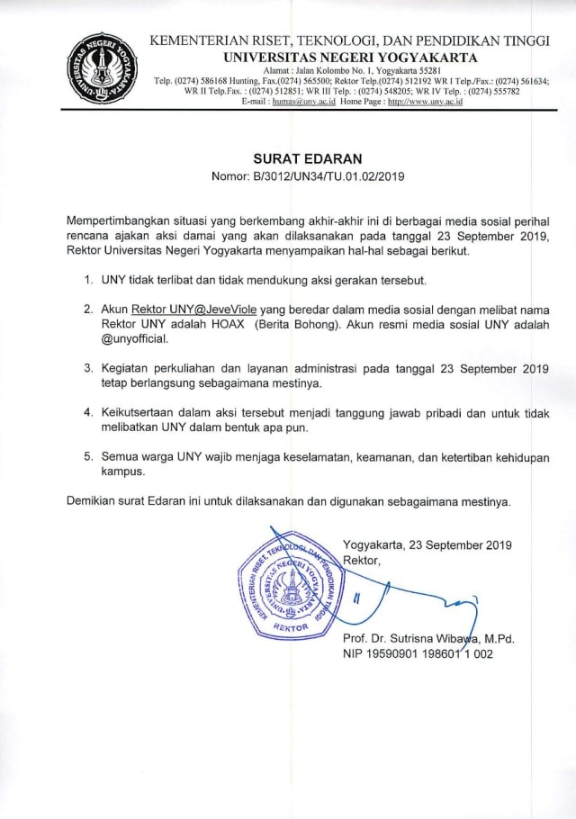 Surat edaran dari Universitas Negeri Yogyakarta. Foto: Istimewa.