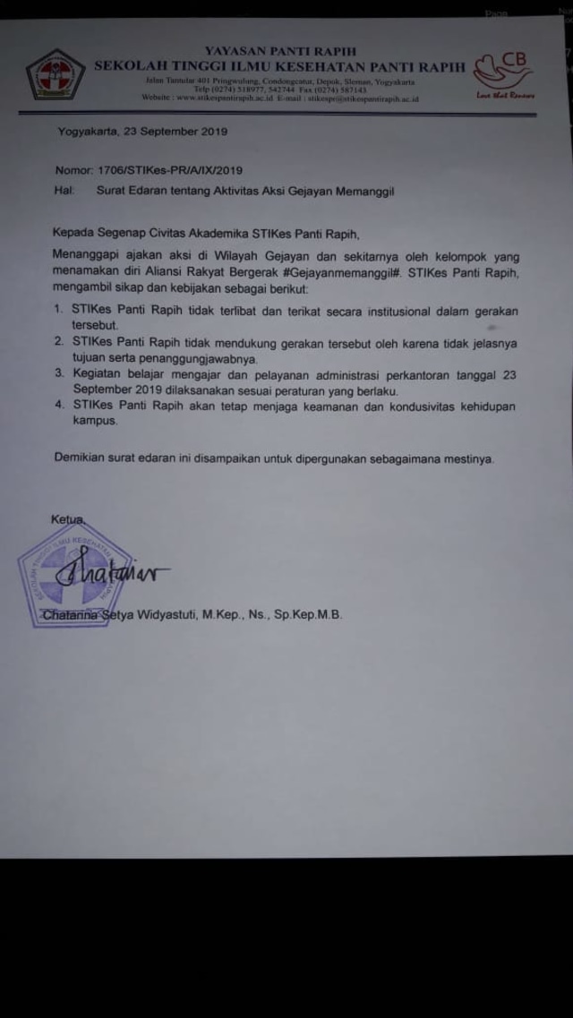 Surat edaran dari STIKes Panti Rapih. Foto: Istimewa.