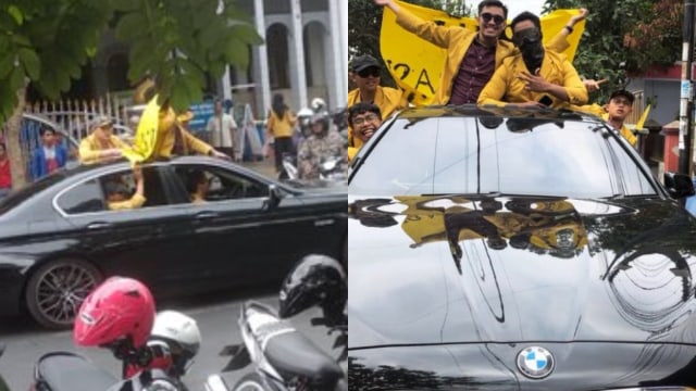 Mahasiswa Universitas Jenderal Soedirman viral setelah demo naik BMW. Foto: Twitter/@dengkulrezim dan @ZackyMochammed_