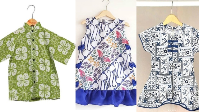 Ilustrasi baju batik untuk anak. Foto: Instagram @Komo.id,  @bekidsbatik, dan @kamalini.id