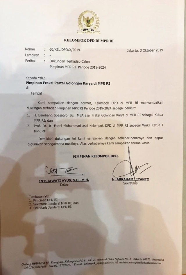 Dukungan DPD untuk Bambang Soesatyo Ketua MPR (NOTCOV)
