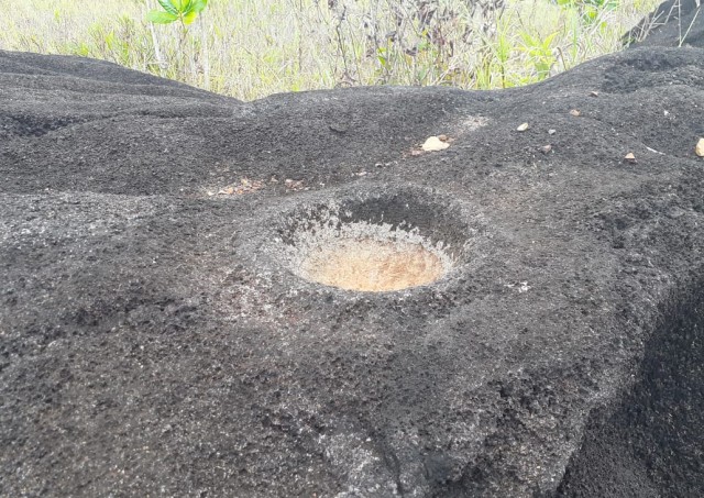 Cekungan atau lubang lumpang pada bongkahan batu yang berfungsi sebagai lumpang atau menumbuk biji-bijian pada masa prasejarah, yang ditemukan di Distrik Waibum, Kabupaten Jayapura. (Foto dok: Peneliti Balai Arkaeologi Papua) 