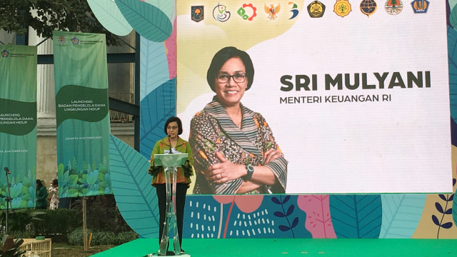 Menteri Keuangan Sri Mulyani memberikan sambutan saat Launching Badan Pengelola Dana Lingkungan Hidup.  Foto: Nicha Muslimawati/kumparan 