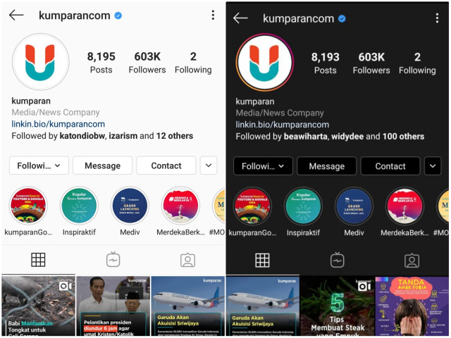 Perbandingan tampilan Dark Mode di Instagram. Foto: kumparan