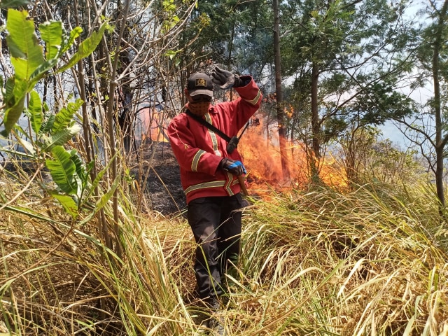 Salah seorang petugas berusaha menghindar dari api yang berkobar di Gunung Arjuno, Kota Malang, Sabtu (11/10). Foto: Tahura for tugumalang.id