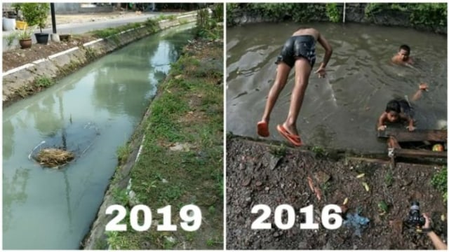 Kolase foto sungai Baujeng, Kecamatan Beji, Kabupaten Pasuruan. Terlihat perbedaan kondisi sungai saat ini dibandingkan pada saat tahun 2016. Foto: istimewa