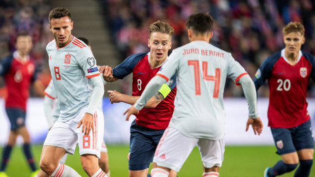 Laga kualifikasi Piala Eropa 2020 antara Timnas Spanyol vs Norwegia. Foto: Marius Simensen via Reuters