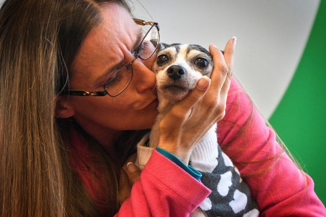 Katheryn Strang mencium anjingnya yang hilang selama belasan tahun. Foto: Steve Mellon/Pittsburgh Post-Gazette via AP