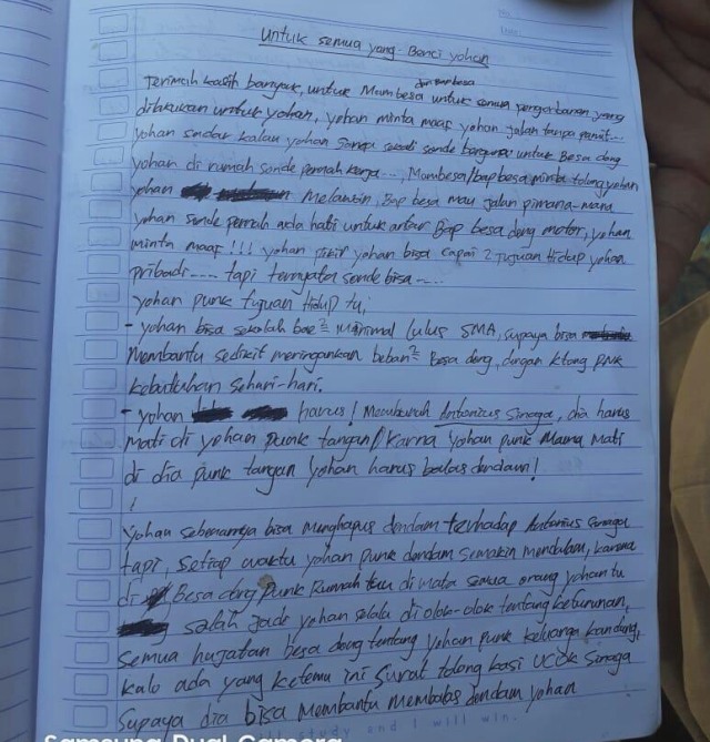 Surat wasiat yang ditinggalkan oleh Yohanes Sinaga, pelajar SMP yang tewas bunuh diri. Foto: Istimewa.