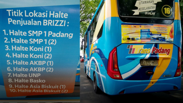 Bus Trans Padang dan daftar penjualan Brizzi di beberapa titik halte yang disediakan oleh pemerintah kota Padang yang bekerjasama dengan isntansi terkait (Foto: Irwanda/Langkan.id)