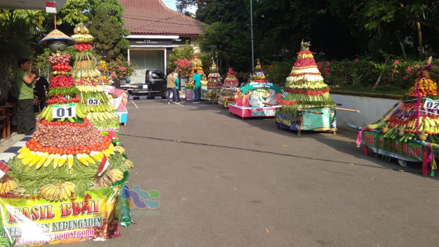 Gunungan peserta Grebeg Berkah Bojonegoro atau Rebutan Gunungan Kaya Praja dalam peringatan Hari Jadi Kabupaten Bojonegoro (HJB) ke-342 tahun 2019. Sabtu (19/10/2019) 