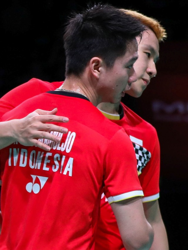 Pasangan Ganda Putra Indonesia, Kevin Sanjaya/Marcus Gideon di laga pemungkas Denmark Open 2019. Foto: Dok: PBSI