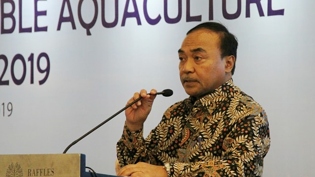 Dirjen Perikanan Budidaya KKP, Slamet Soebjakto saat acara Sustainable Aquaculture Seminar 2019 di Hotel Raffles, Jakarta, Senin (21/10/2019). Foto: Nugroho Sejati/kumparan