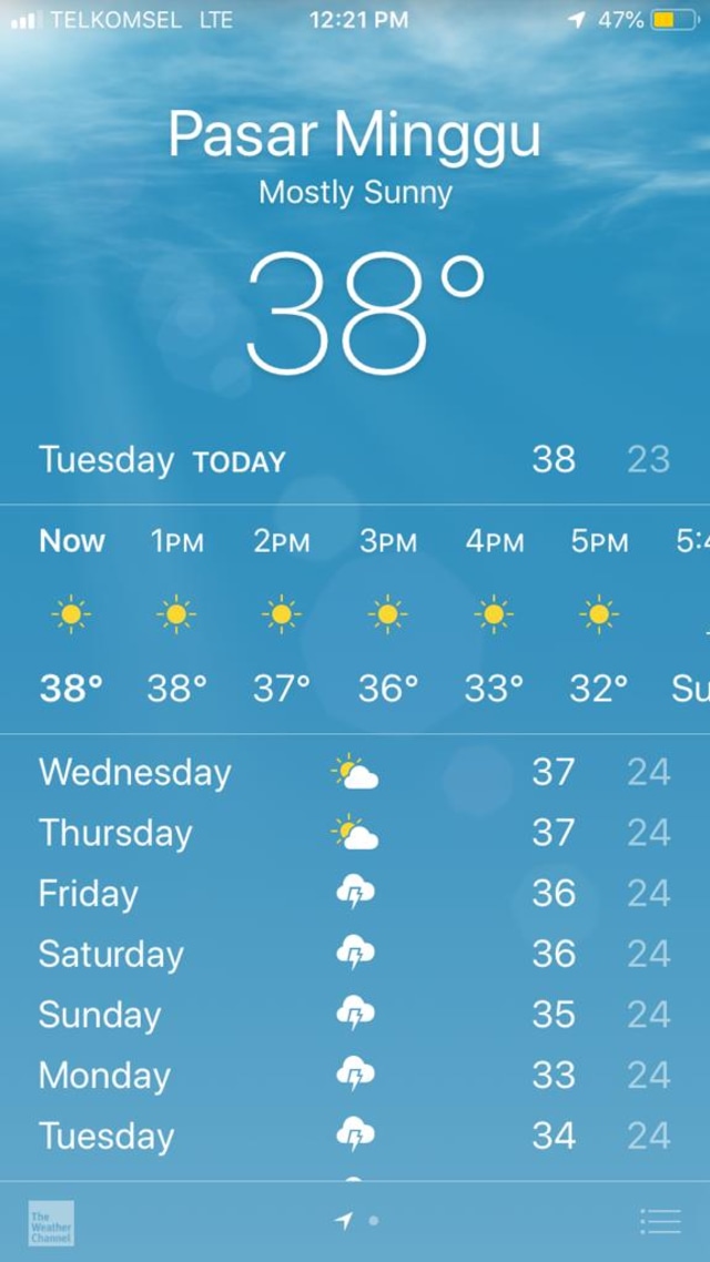 Suhu Jakarta Selasa (22/10) siang, menurut aplikasi Weather di iPhone. Foto: Sayid Mulki/kumparan
