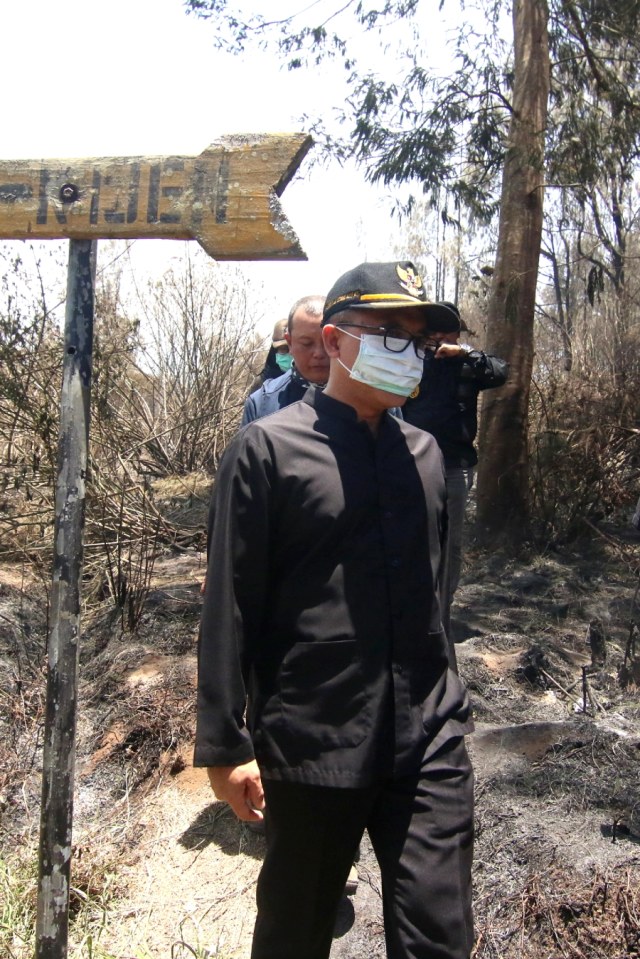 Bupati Banyuwangi Abdullah Azwar Anas meninjau lokasi kebakaran hutan di kawasan Gunung Ijen Banyuwangi, Selasa (22/10/2019).
 Foto: ANTARA FOTO/Budi Candra Setya